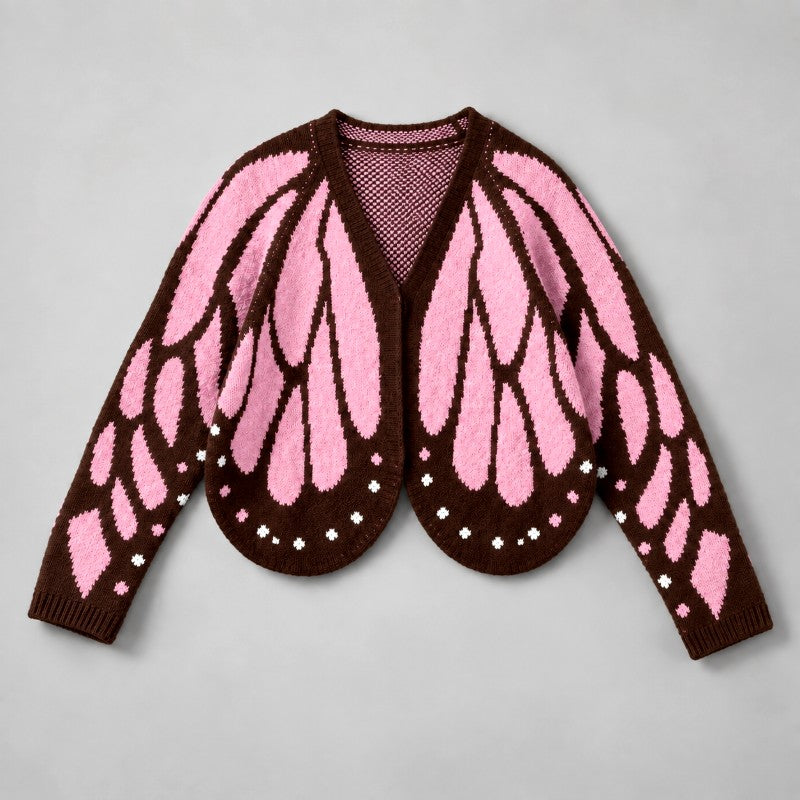 Flach ausgelegte Strickjacke mit rosa Flügelmuster auf dunkelbraunem Grund, gerippte Bündchen an den Ärmeln 3