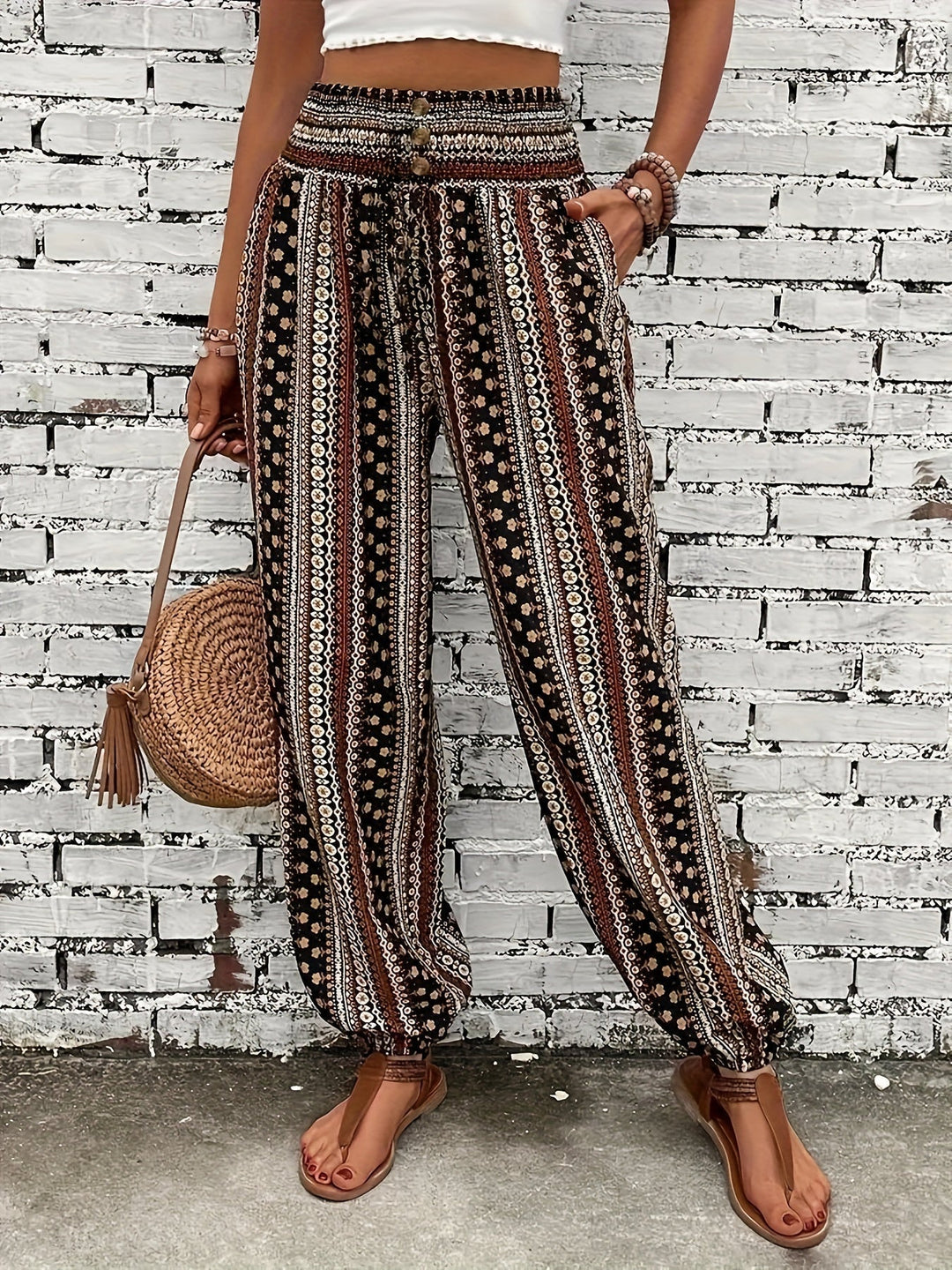 Boho damebukser med høj talje, print og smocket talje – Linara