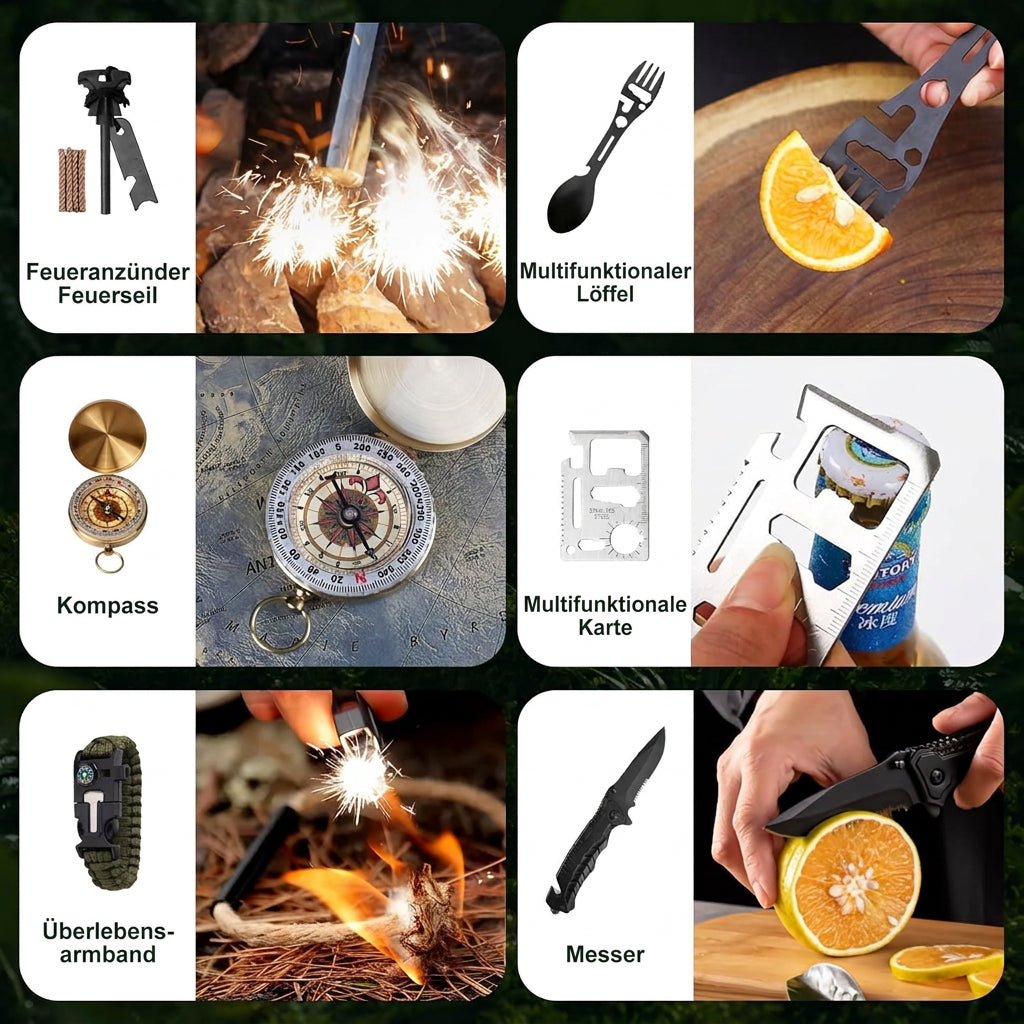 Sechs weitere Teile in Anwendung: Feuerstarter, Multifunktionslöffel, Kompass, Multitool-Karte, Survival-Armband und 4
