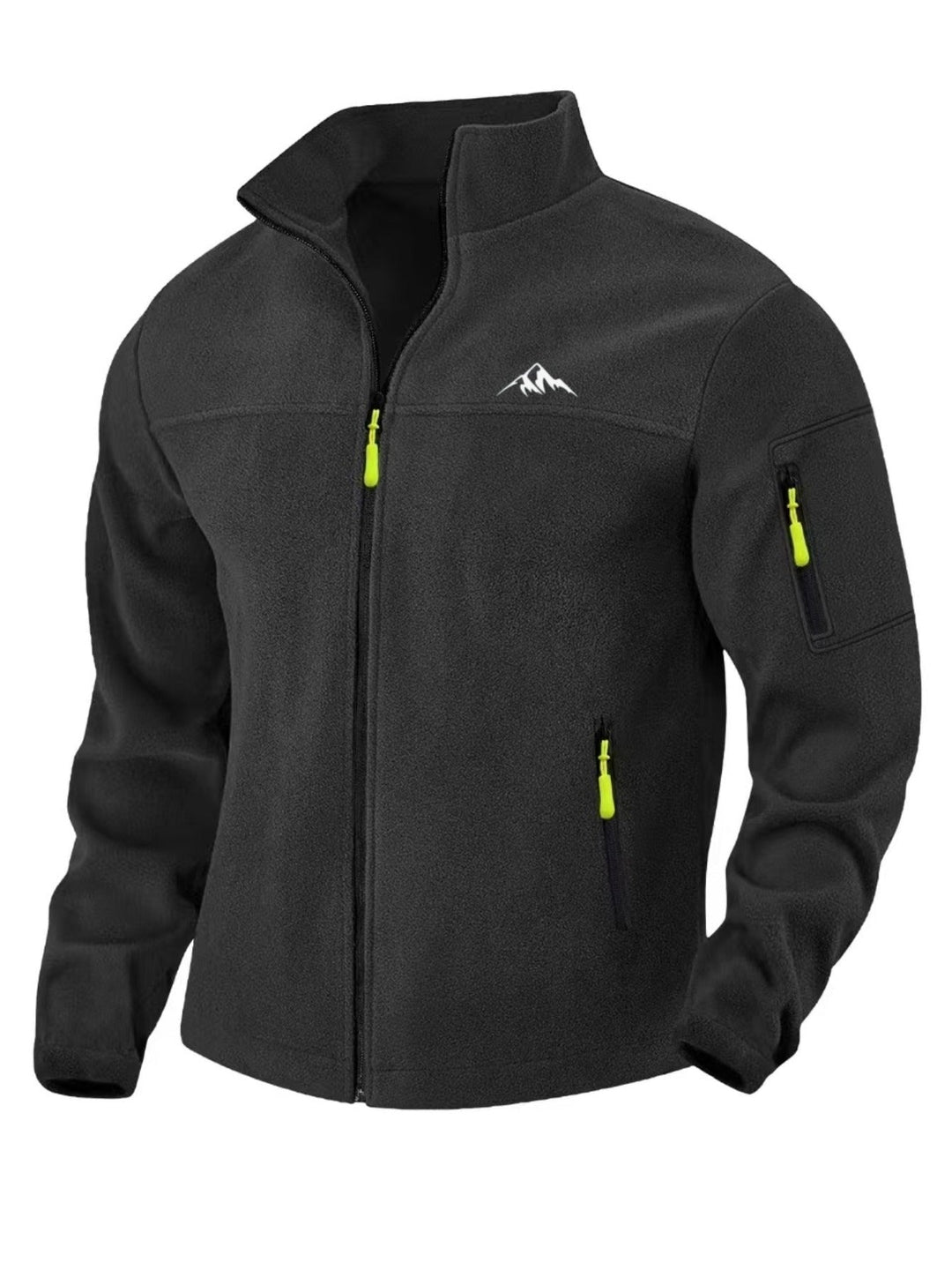 Schwarze Fleecejacke in Schrägansicht mit neongelben Reißverschlusszügen, Ärmeltasche und Bergmotiv auf der Brust 7