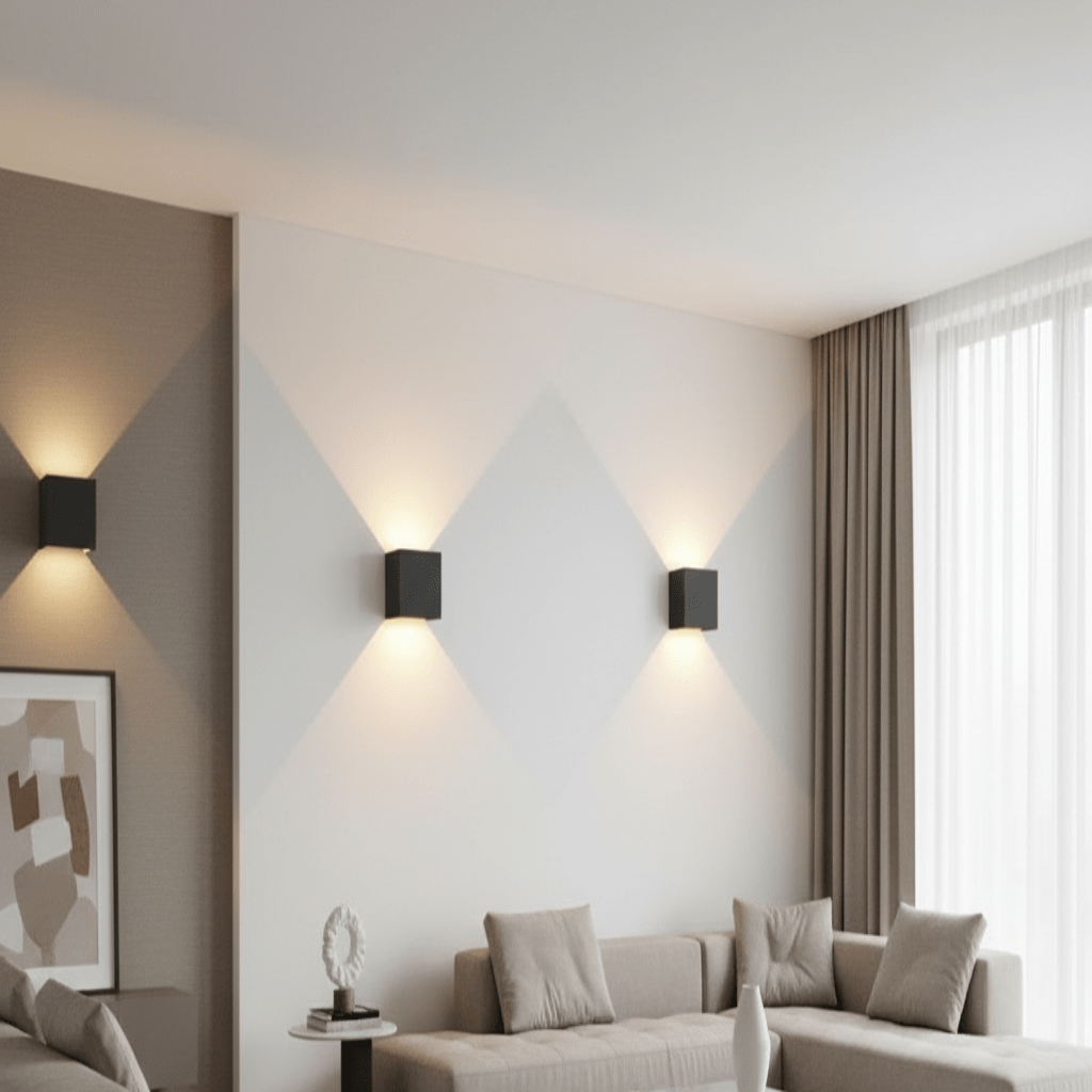 Drei schwarze, würfelförmige Wandleuchten strahlen Licht nach oben und unten und zeichnen Lichtkegel auf eine helle Wohnzimmerwand. 1