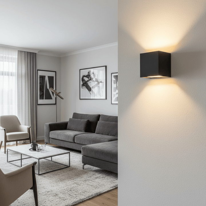 Schwarze Würfel-Wandleuchte im Großformat an einer Wand, im Hintergrund ein Wohnzimmer mit grauem Sofa, Sessel und gerahmten Bildern. 2