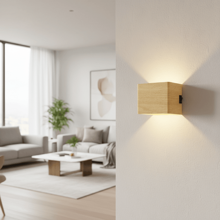Wandleuchte mit hellem Holzdekor und kleinem schwarzem Schalter an der Seite, Lichtaustritt nach oben und unten, helles Wohnzimmer im Hintergrund. 4