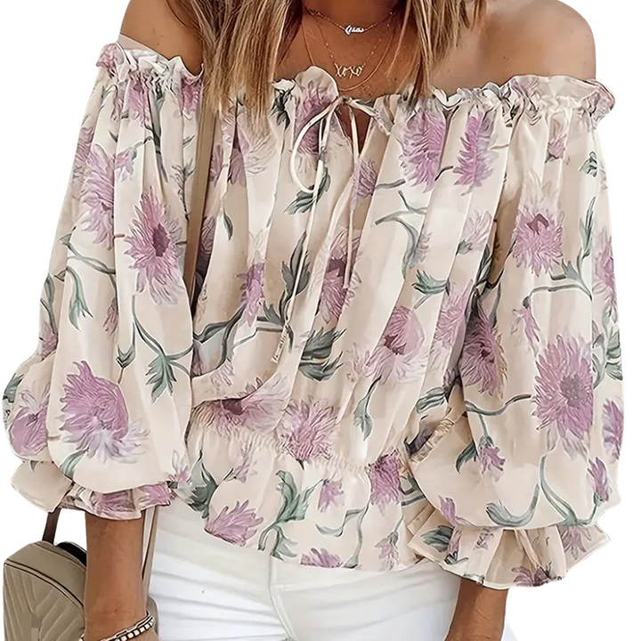 Off-shoulder bluse med blomster og flæser – Fayenne