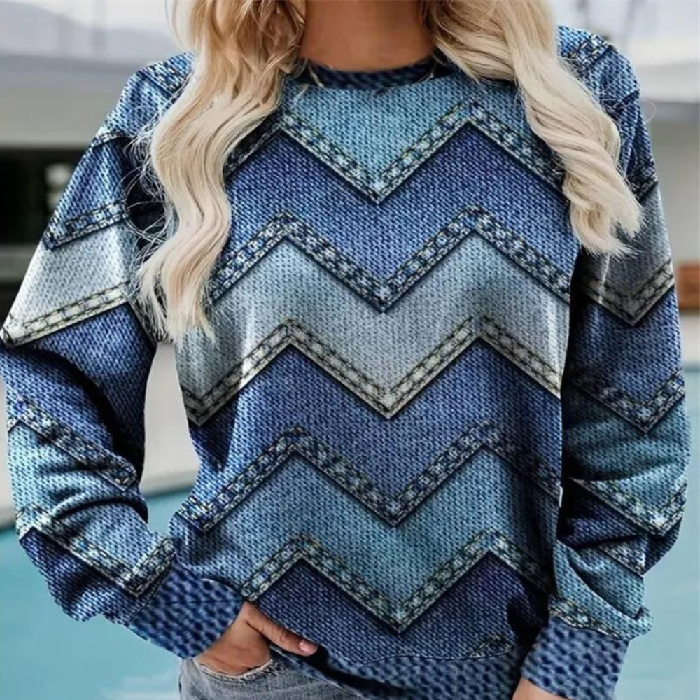 Damenpullover mit blauem Zickzackmuster, lässig, modisch, aus Baumwolle.