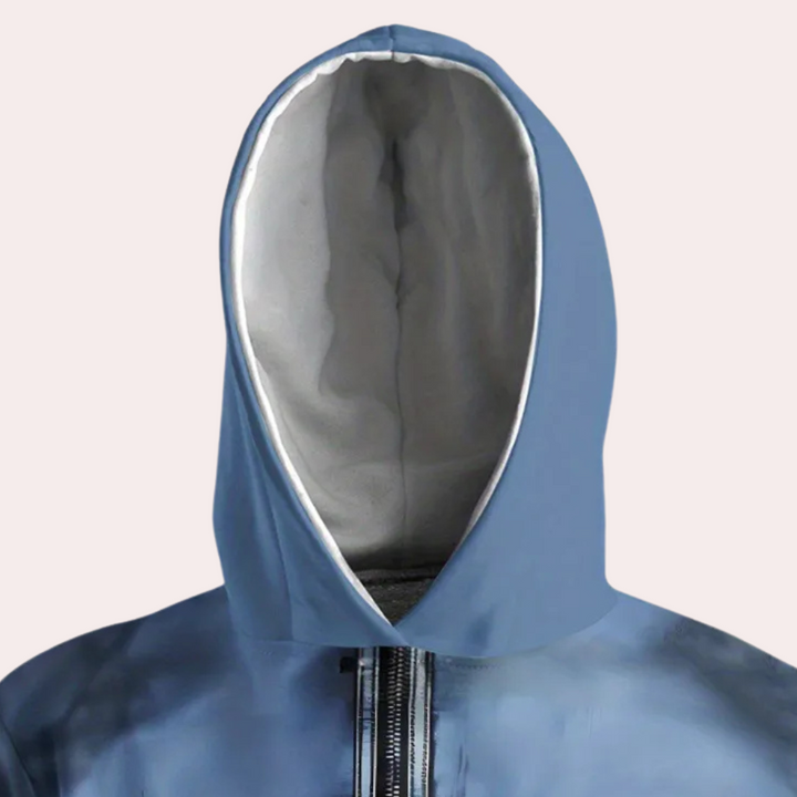 Blaue Kapuzenjacke mit Reißverschluss, wasserabweisend, Unisex, modisch, Outdoor-Bekleidung.