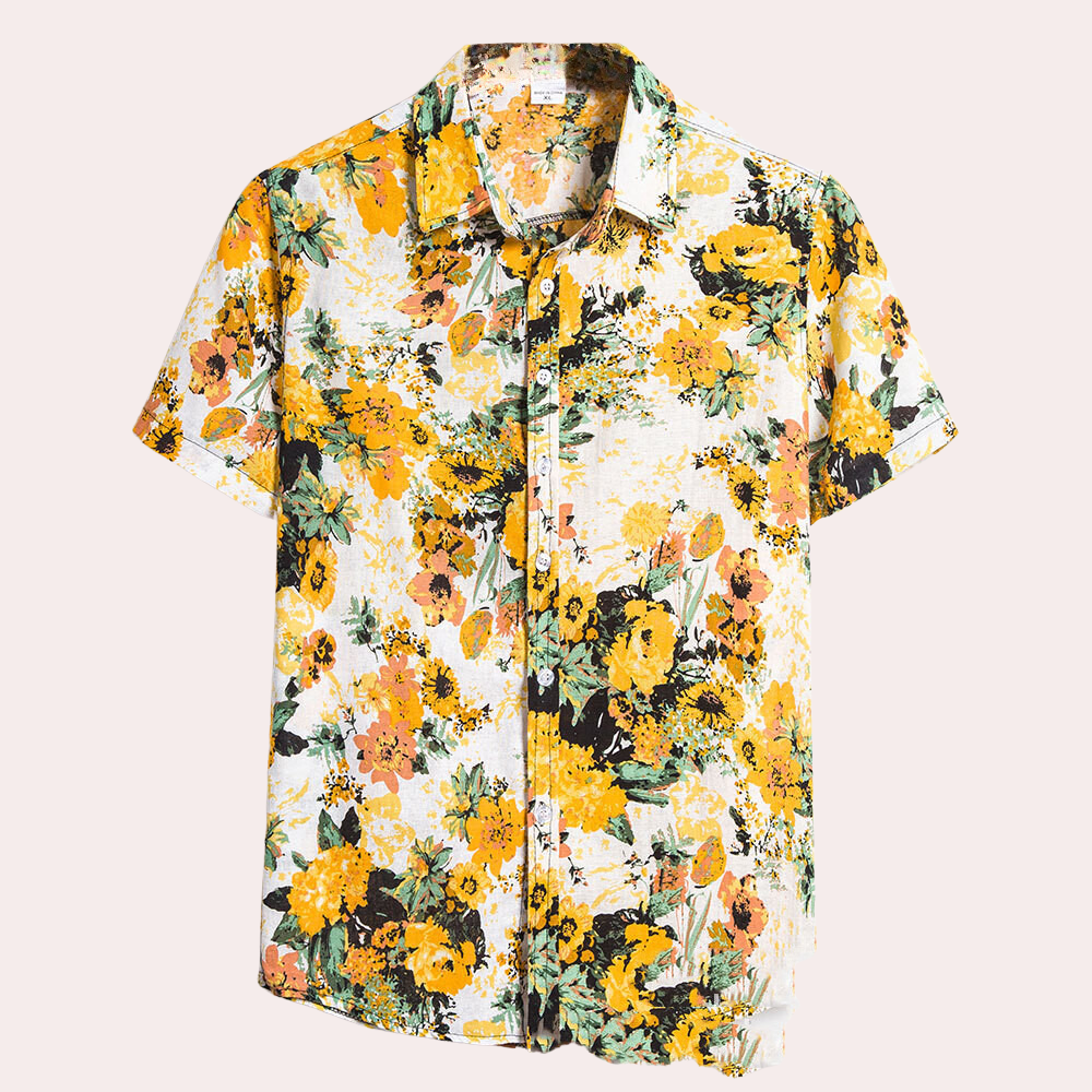 Kurzarmhemd mit gelbem Blumenmuster, Herrenmode, Sommer, Baumwolle, Freizeitkleidung.