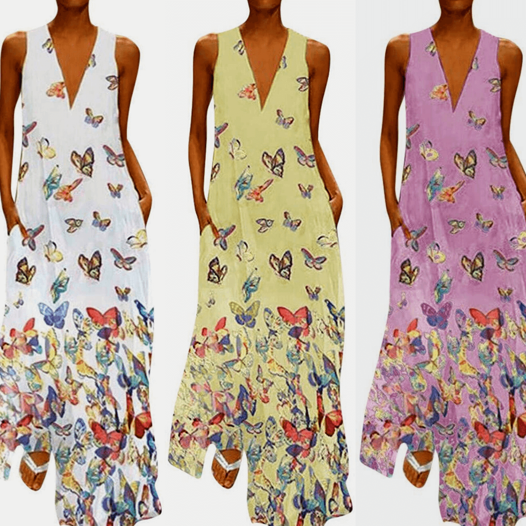Trendy ærmeløs maxi-sommerkjole med sommerfuglemønster – Malia