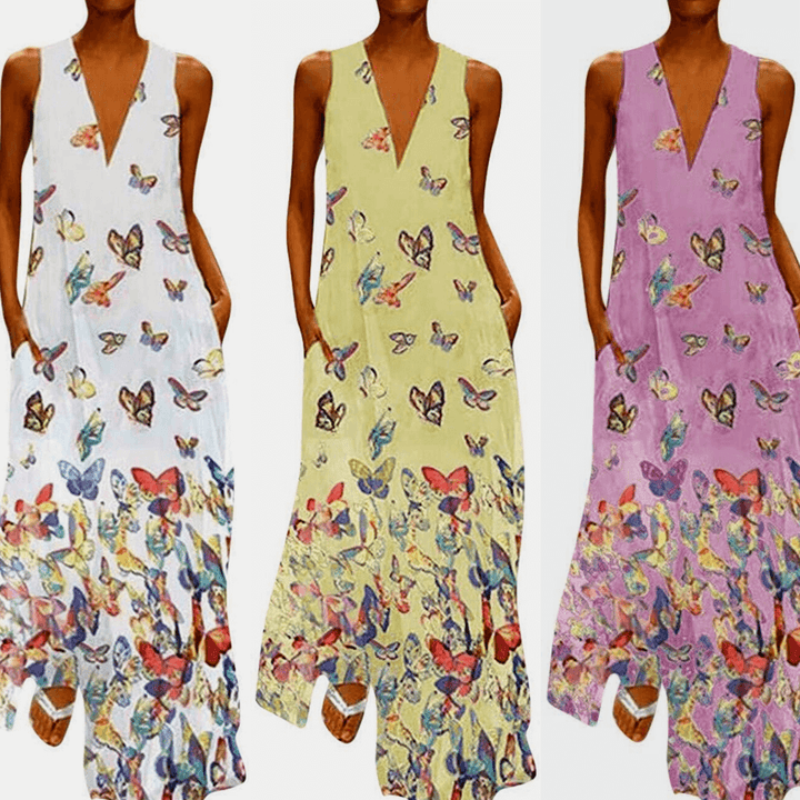 Trendy ærmeløs maxi-sommerkjole med sommerfuglemønster – Malia