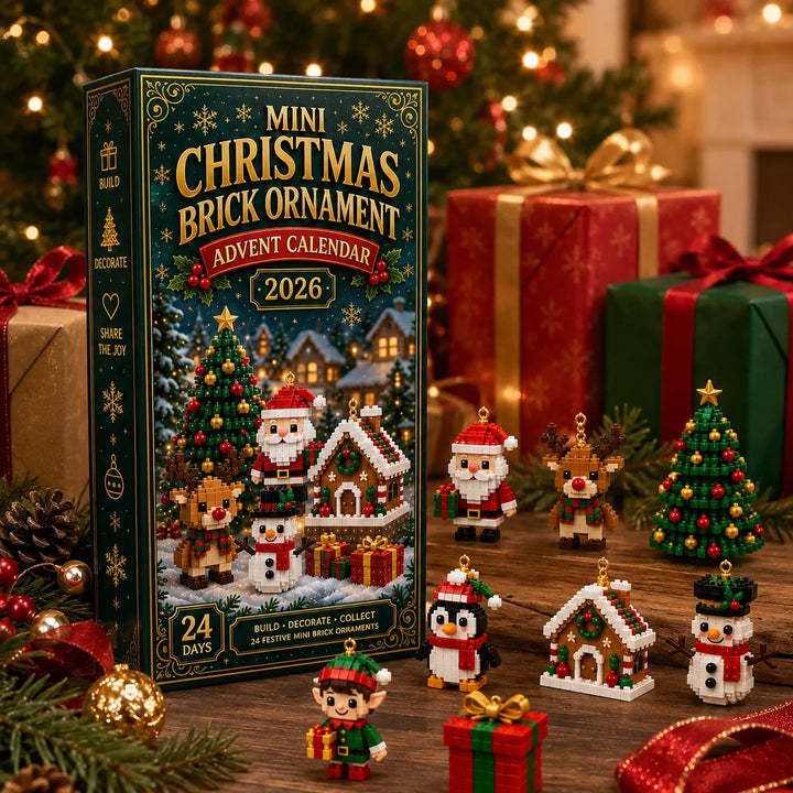 Schachtel zwischen Geschenkpaketen und Tannenbaum, davor stehen Weihnachtsmann, Rentier, Tannenbaum, Pinguin, Lebkuchenhaus, Schneemann, Elf und Geschenk aus St 4