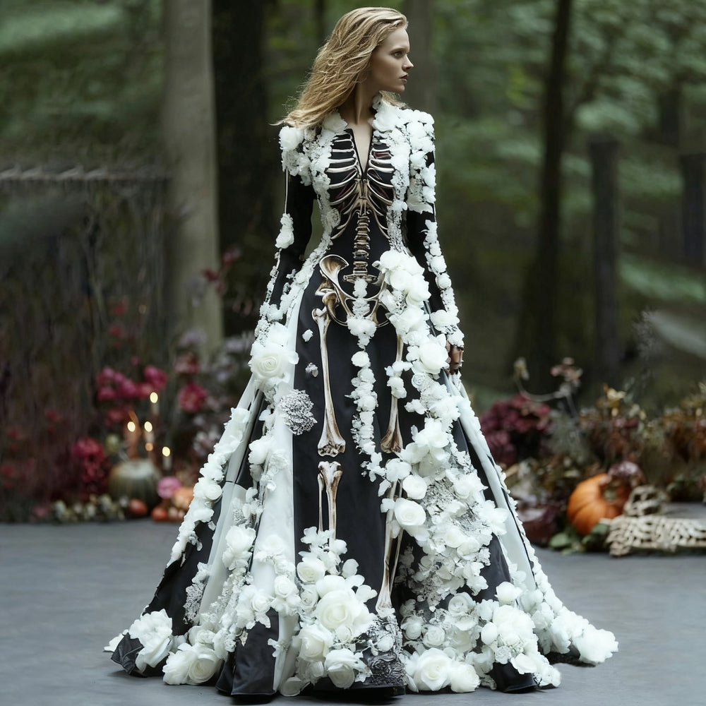 Dasselbe Maxikleid mit Skelettdruck in Schwarz-Weiß, besetzt mit cremeweißen Rosen, getragen von einem Model im Wald. 2