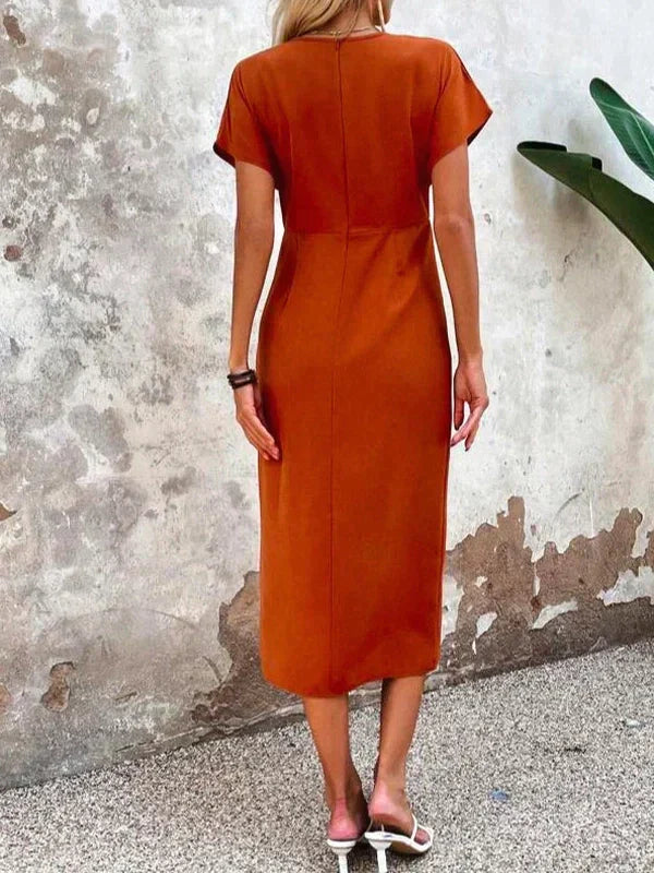 Stylish Orange V-Neck Midi Dress - Ruby