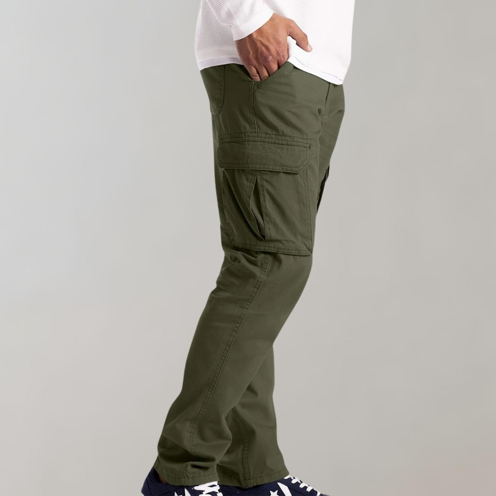 Grüne Cargohose für Herren, seitliche Taschen, lässiger Stil, Baumwolle, bequem.