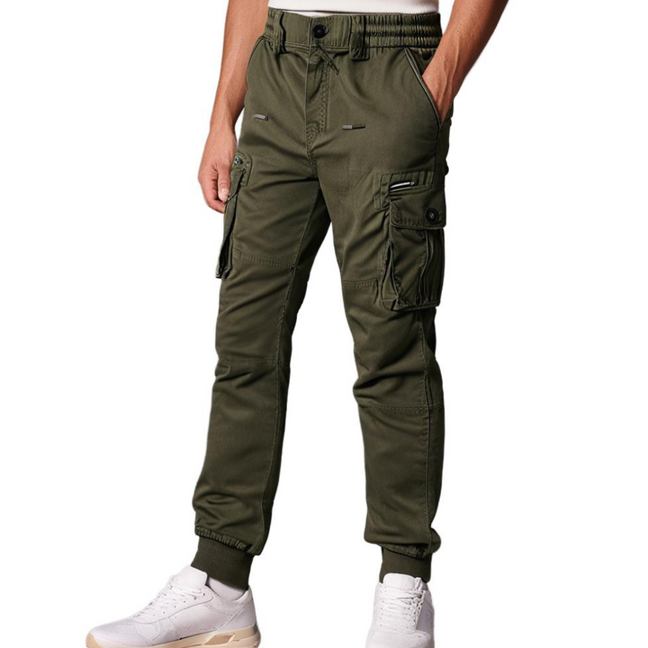 Grüne Cargo-Hose für Herren, elastischer Bund, Taschen, Freizeitmode, Baumwolle.