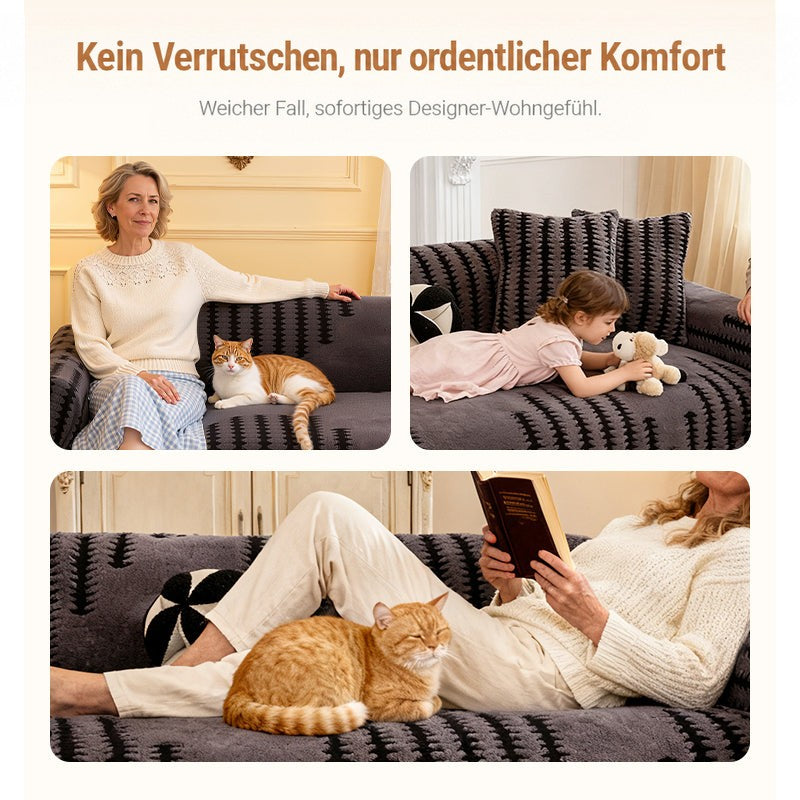 Collage: Frau mit Katze, Kind mit Stofftier und lesende Frau mit Katze auf dem grauen Sofabezug 3