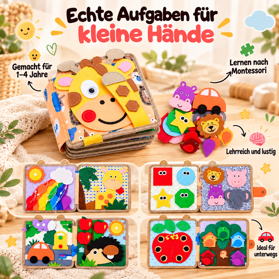 Giraffen-Filzbuch mit Zusatzteilen und vier aufgeschlagenen Doppelseiten mit Regenbogen, Formen, Auto und Apfel 3