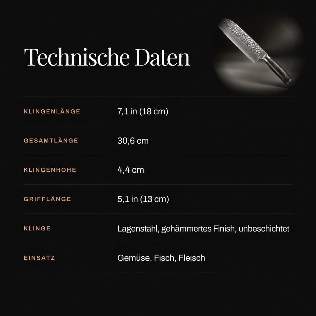 Infografik mit den technischen Daten des Messers und kleinem Produktbild oben rechts auf schwarzem Grund 4