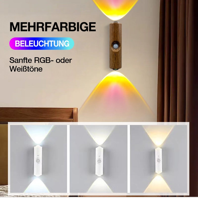 Wandleuchte in Holzoptik über einem Bett strahlt bunt, darunter drei Weißlicht-Varianten im Vergleich 9