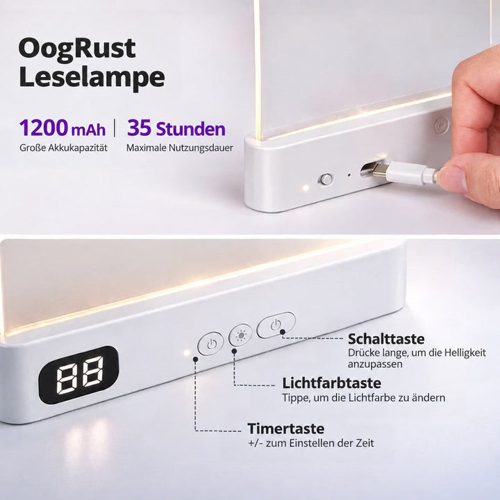 Detailaufnahme der weißen Lampe mit USB-Ladekabel, Tasten und Zeitanzeige, dazu Angaben zu Akku und Laufzeit 8