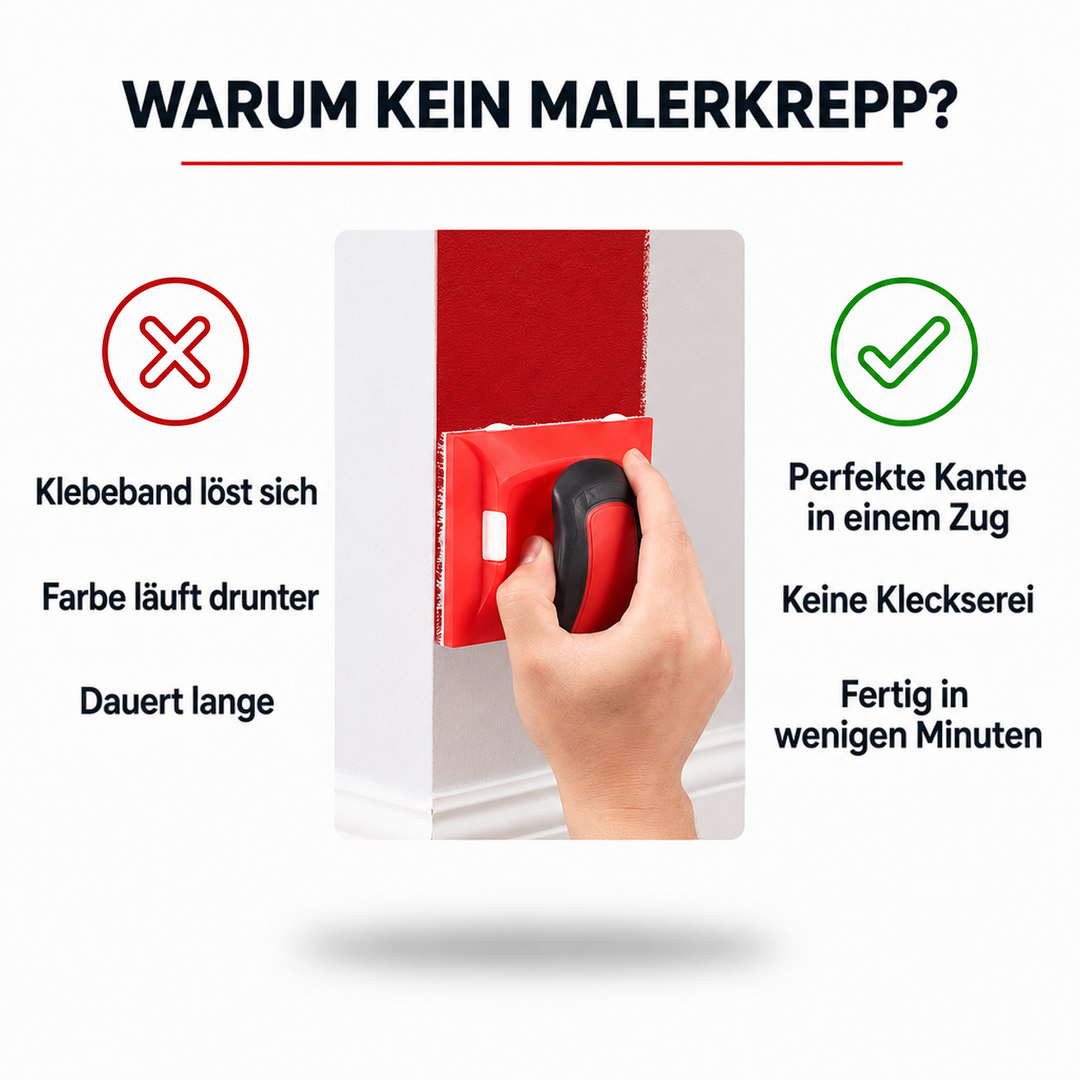 Hand führt das rote Gerät an einer Wand entlang, links Wandfarbe mit sauberer Kante ohne Abklebeband 4