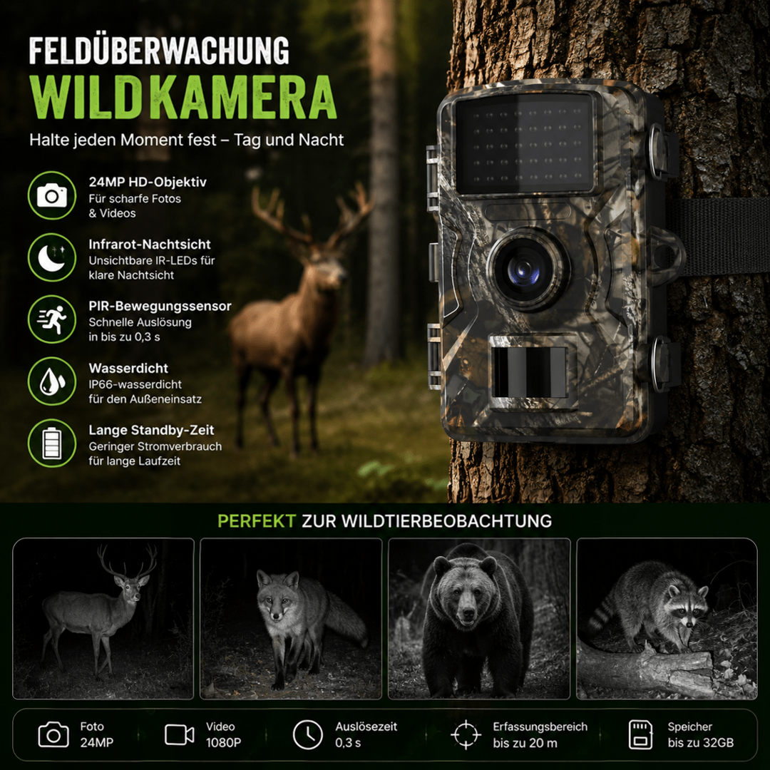 Werbegrafik mit der an einem Baumstamm festgeschnallten Kamera, einem Hirsch im Wald und vier Nachtaufnahmen von Hirsch, Fuchs, Bär und Waschbär. 6