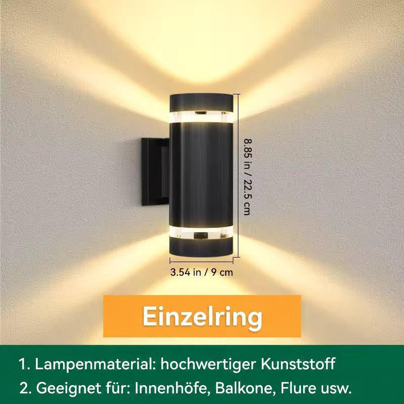 Maßgrafik der runden Wandleuchte mit einem Ring je Seite, Höhe und Breite eingezeichnet 13