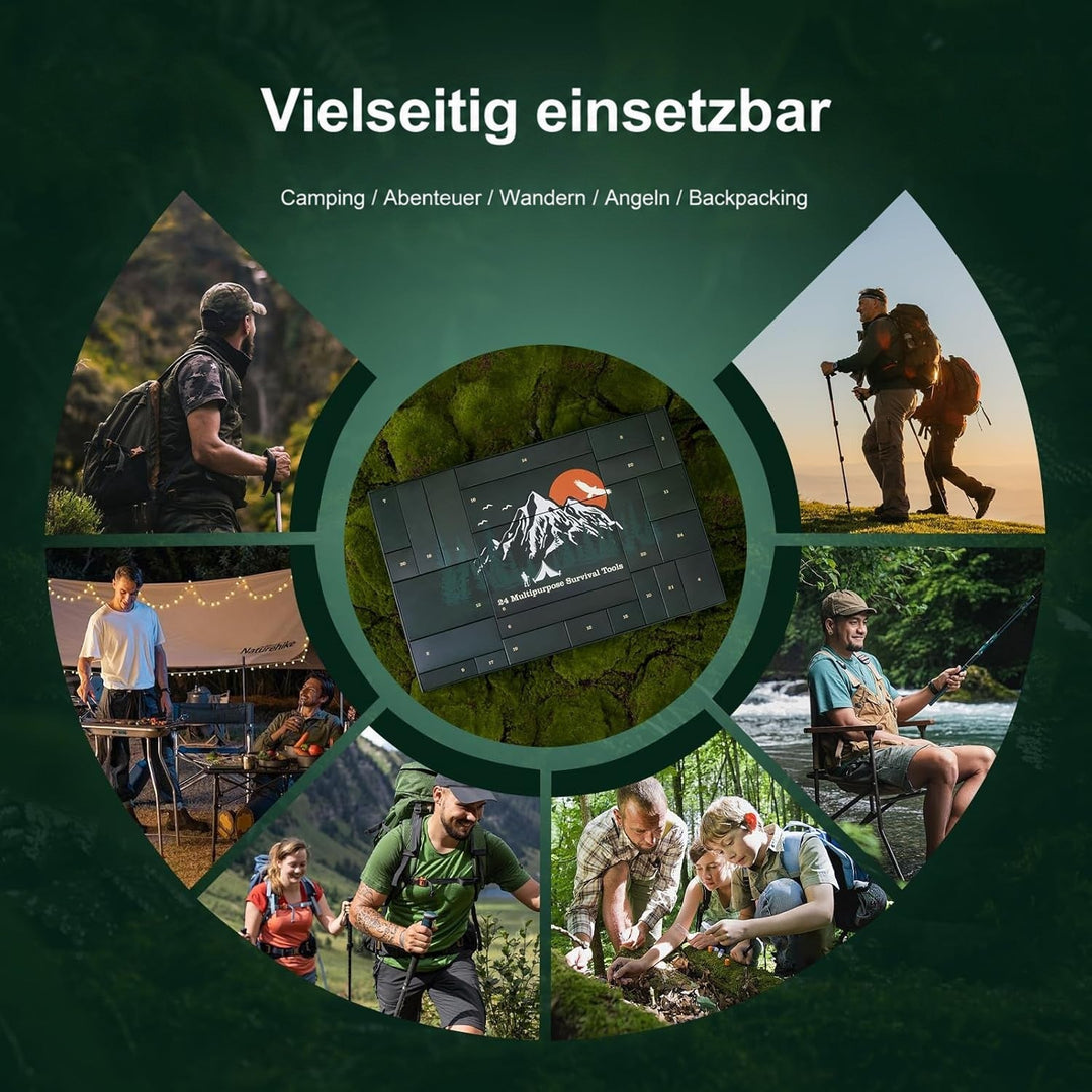 Der Kalender in der Mitte, umgeben von Fotos mit Wandern, Camping und Angeln 6