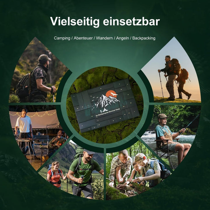 Der Kalender in der Mitte, umgeben von Fotos mit Wandern, Camping und Angeln 6