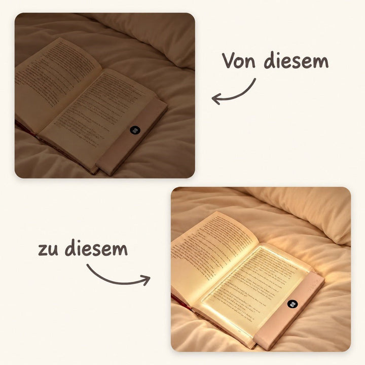 Vorher-nachher-Vergleich: aufgeschlagenes Buch auf der Bettdecke ohne Licht und mit leuchtender Lampe 3