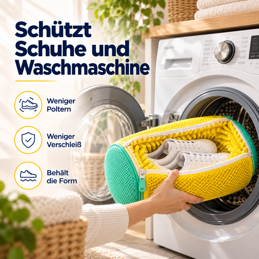 Hand schiebt die mit Sneakern gefüllte gelbe Netztasche in die geöffnete Waschmaschine 3