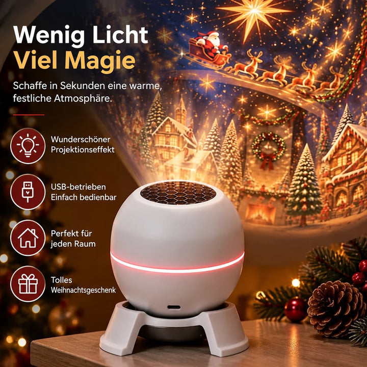 Projektor auf einem Regal vor Tannenzweigen, mit Symbolen zu Projektion, USB-Betrieb, Einsatz in jedem Raum und Geschenkidee 4