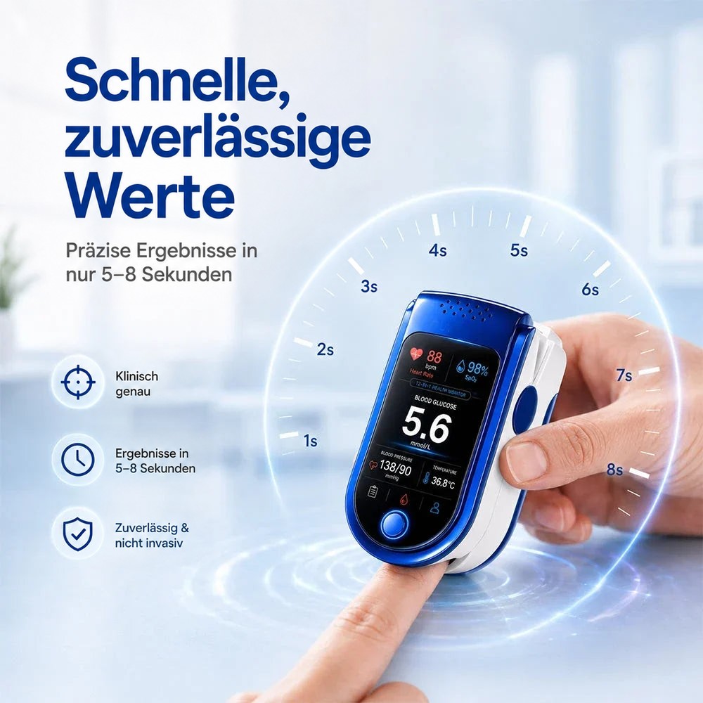 Das Messgerät steckt am Zeigefinger, umgeben von einer Sekundenskala von eins bis acht, links drei Symbole. 12