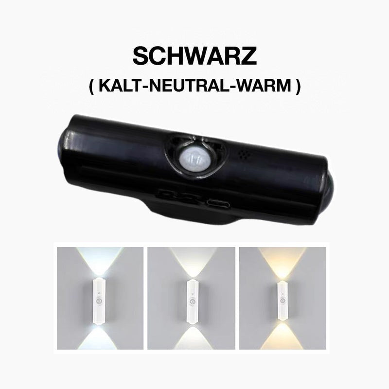 Schwarze Variante der Wandleuchte mit Bewegungssensor, darunter drei weiße Lichttöne an der Wand 3