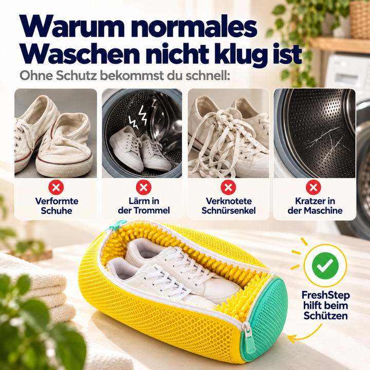 Vorher-Nachher-Vergleich: Sneaker ohne Schutz in der Trommel, darunter die geöffnete gelbe Schuhtasche mit Sneakern 2