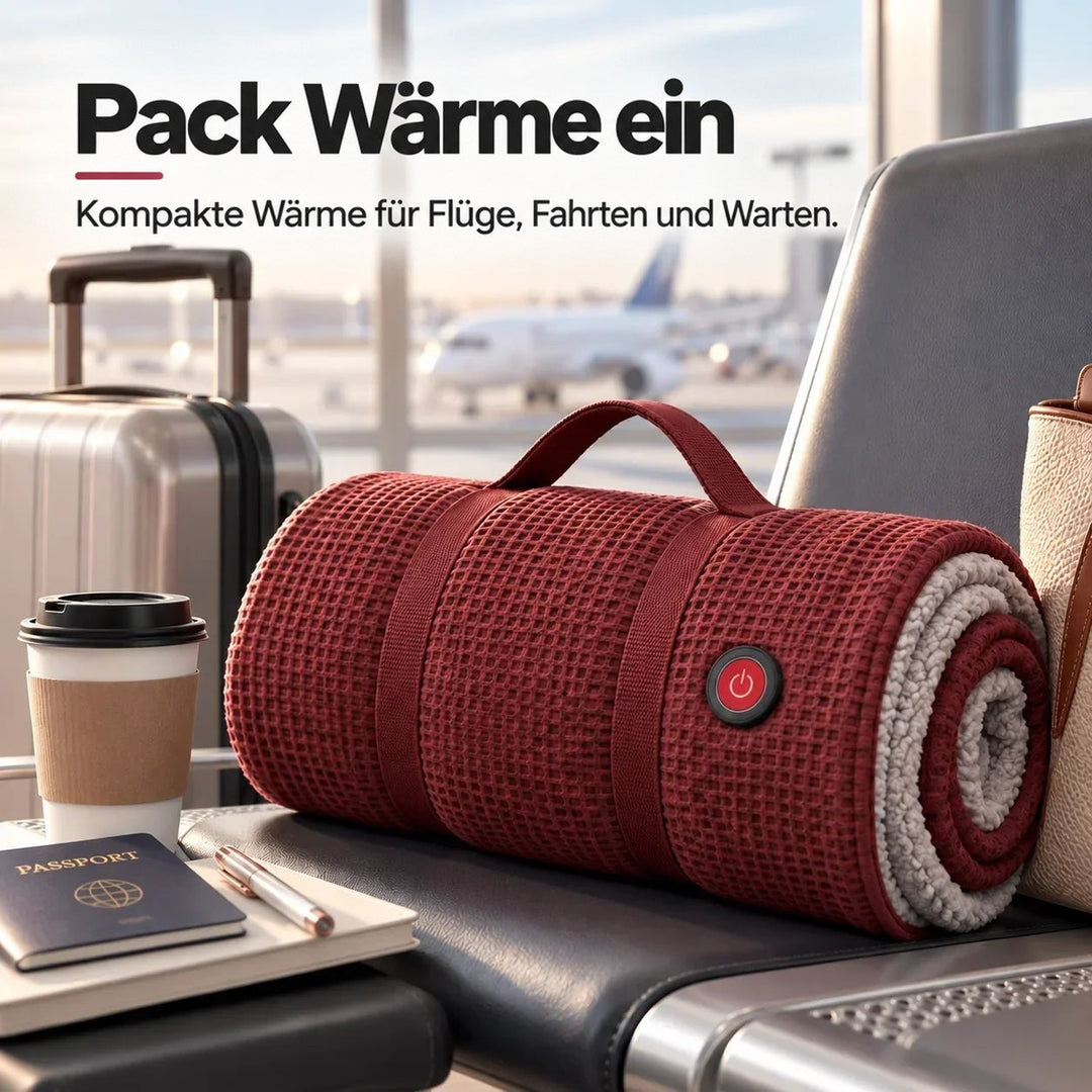 Aufgerollte rote Decke mit Tragegriff und Powerknopf auf einem Flughafensitz, daneben Koffer, Kaffeebecher und Reisepass 12