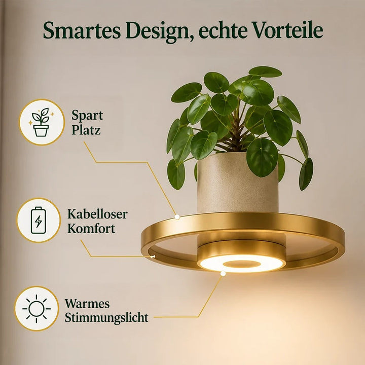 Nahaufnahme eines runden goldenen Regals mit Pflanze im Topf, an der Unterseite leuchtet ein warmer LED-Ring; Symbole markieren die Vorteile. 3