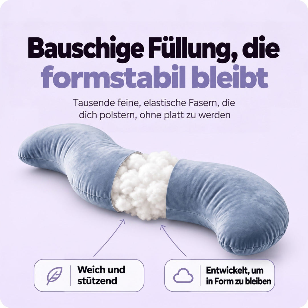 Aufgeschnittenes Kissen zeigt die weiche weiße Faserfüllung im Inneren unter dem blauen Bezug 4