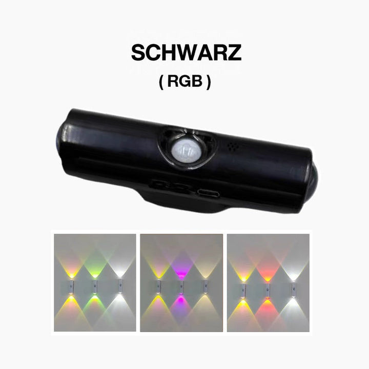 Schwarze Wandleuchte mit Bewegungssensor, darunter Farbwechsel-Beispiele in Gelb, Grün, Violett und Rot 4