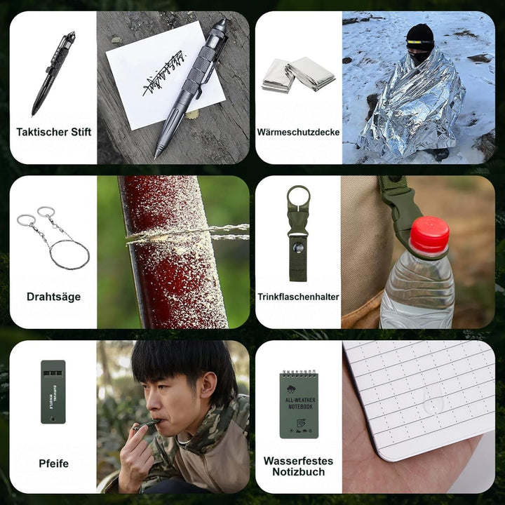 Sechs Einzelteile im Einsatz: Tactical Pen, Rettungsdecke, Drahtsäge, Flaschenhalter, Signalpfeife und wetterfestes 3