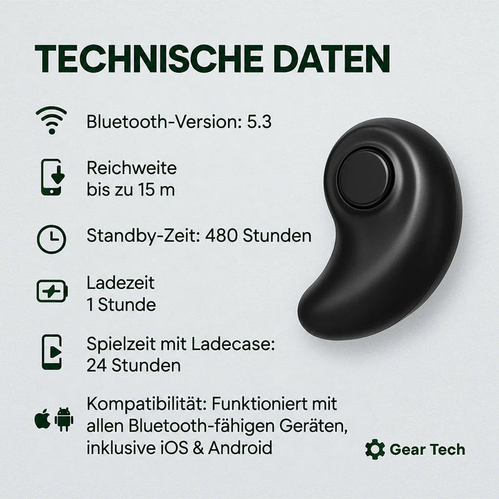 Schwarzer, bohnenförmiger Ohrhörer mit runder Taste auf hellem Hintergrund neben einer Liste technischer Daten 5
