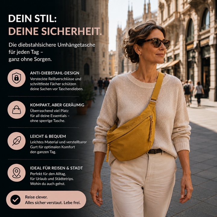 Frau in hellem Pullover trägt die ockerfarbene Tasche quer über der Brust beim Spaziergang durch eine Altstadtstraße, daneben Infotext mit Symbolen. 2