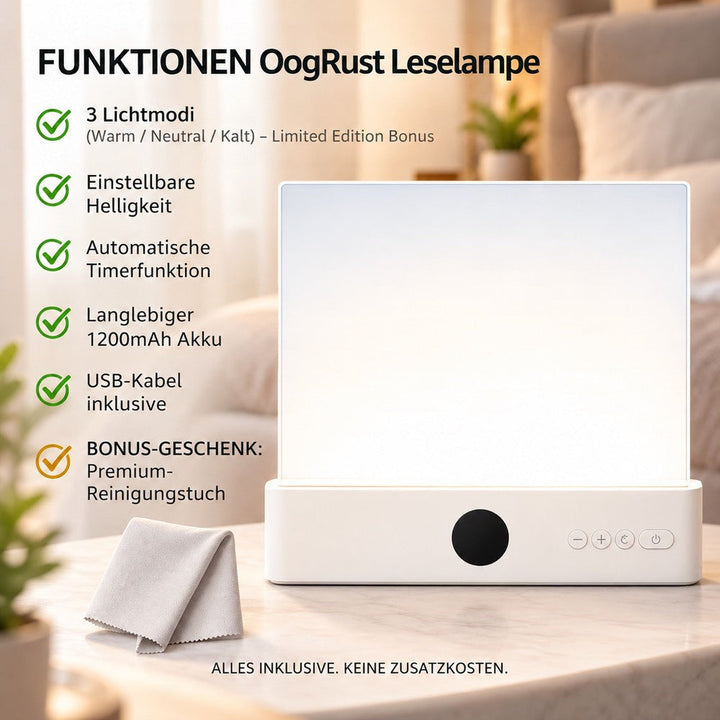 Weiße stehende Lampe auf einem Tisch, daneben Reinigungstuch und Liste der Funktionen 6