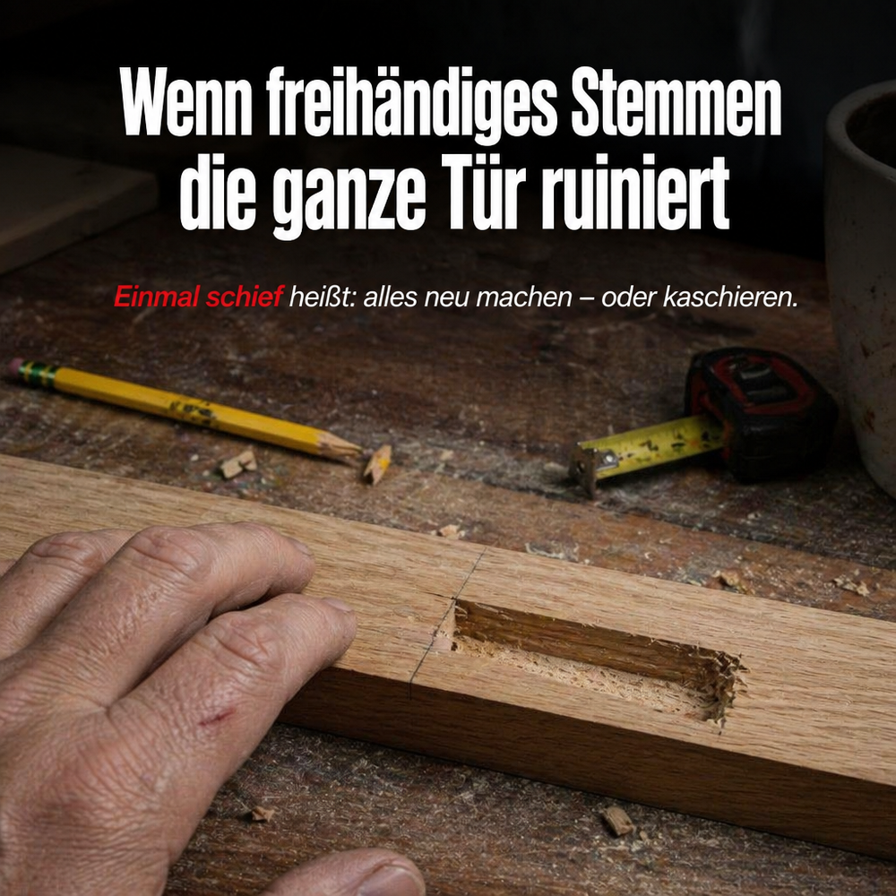 Von Hand gefrästes, schief und ausgefranstes Zapfenloch in einem Eichenbrett, daneben Bleistift, Maßband und eine Hand auf dem Holz. 2