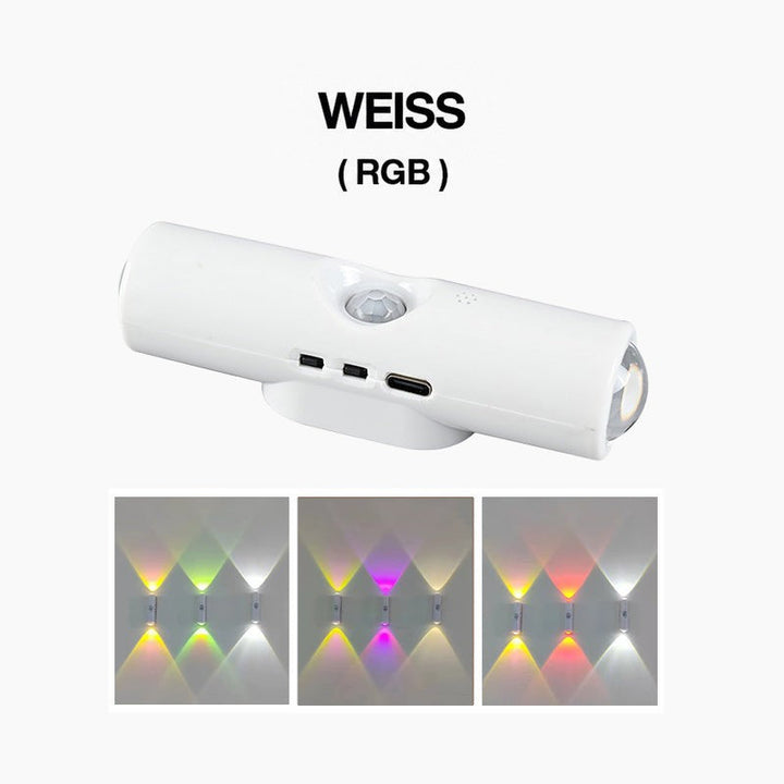Weiße Wandleuchte mit Sensor und Ladeanschluss, darunter Beispiele für mehrfarbiges Licht in Gelb, Grün, Violett und Rot 2