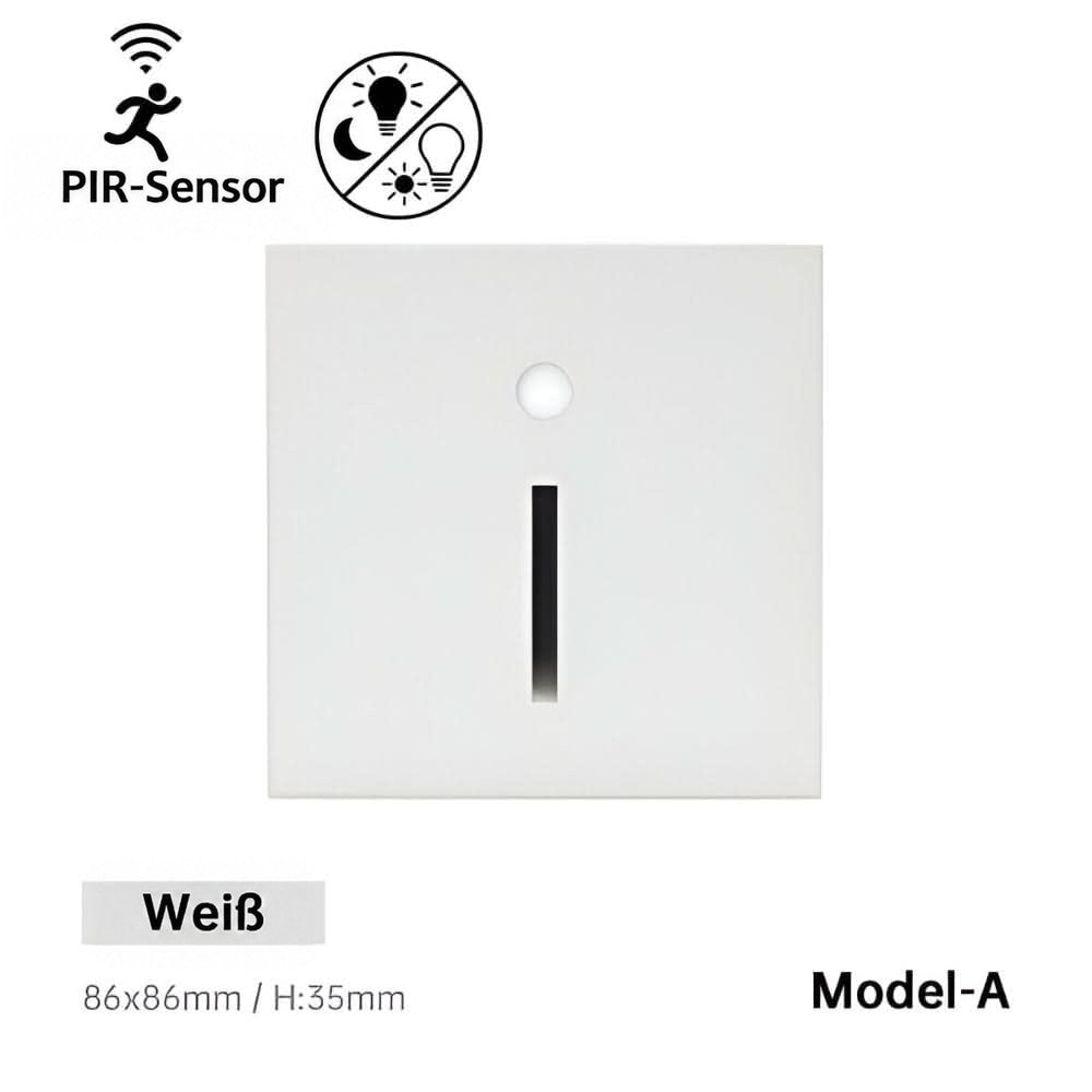 Quadratische weiße Wandleuchte mit Sensor und senkrechtem Lichtschlitz, Modell A, Frontansicht 9
