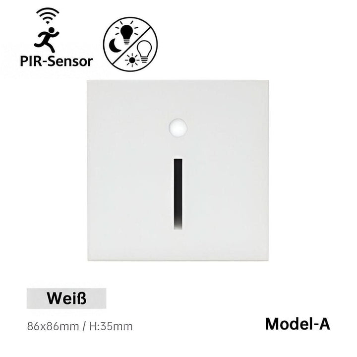 Quadratische weiße Wandleuchte mit Sensor und senkrechtem Lichtschlitz, Modell A, Frontansicht 9
