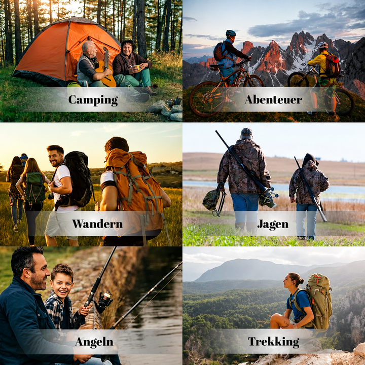 Sechs Fotos von Einsatzbereichen: Camping, Abenteuer, Wandern, Jagen, Angeln und Rucksackreisen 7