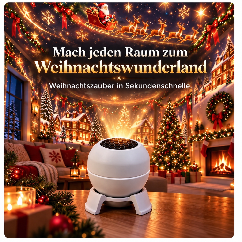 Kugelprojektor auf weißem Ständer steht auf einem Tisch, Wände und Decke des Raums sind mit winterlichen Weihnachtsmotiven überzogen. 2