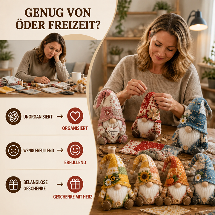 Frau näht an Wichteln, oben links eine gelangweilte Frau am Tisch, darunter Vorher-Nachher-Symbole 2
