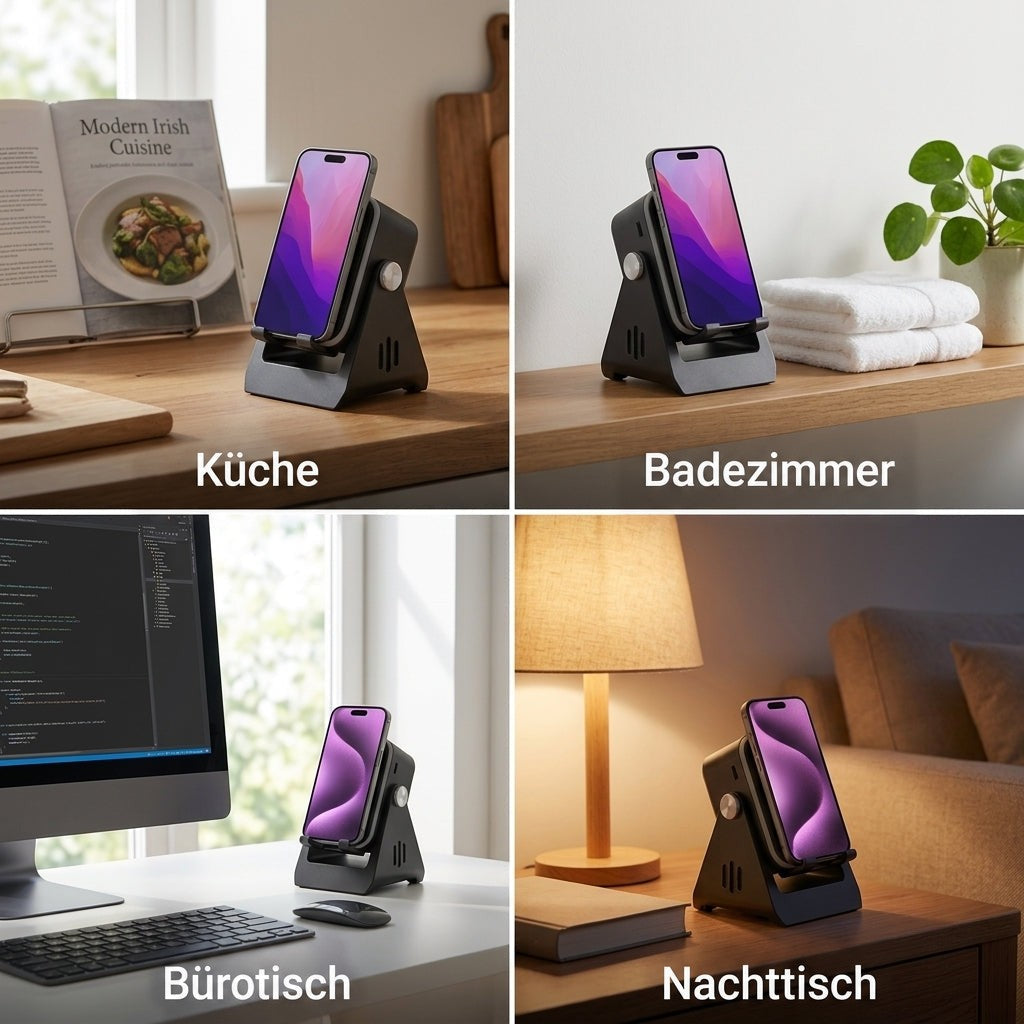 Vierer-Collage: Ständer mit Smartphone in Küche, Badezimmer, am Schreibtisch und auf dem Nachttisch 6